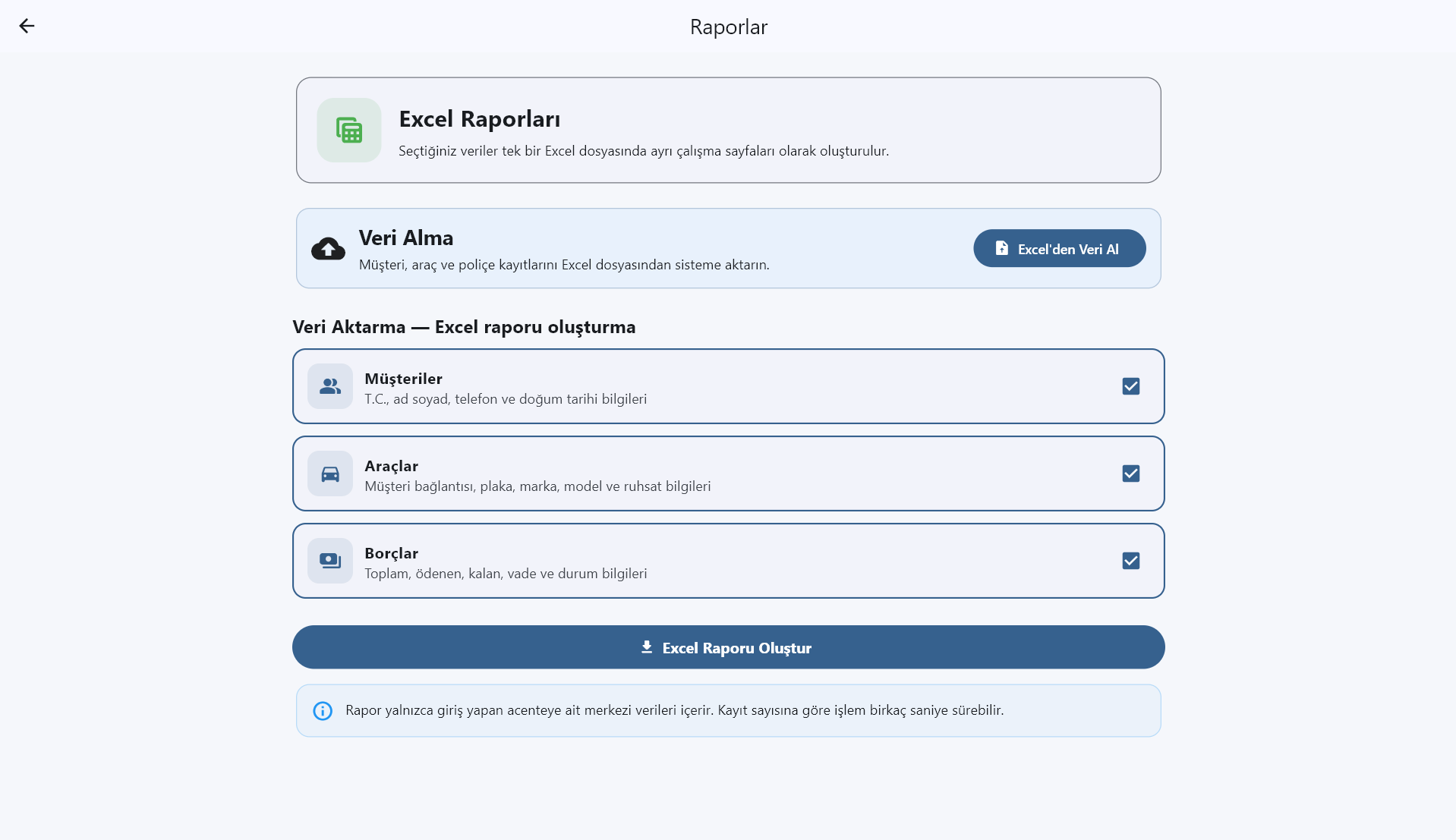 Sigorta Takip Pro Excel raporlama ekranı